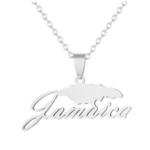 Detailed silver Jamaica map pendant necklace with cutout text and thin metal chain link