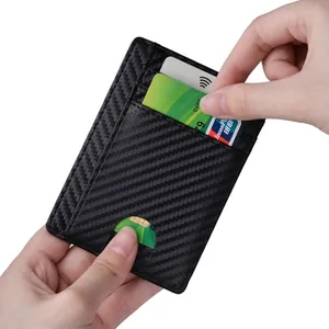 Slim RFID leather card holder with black carbon fiber texture and multi-card slot design
