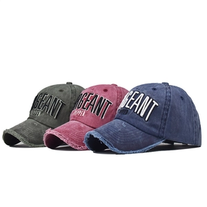 Distressed cotton baseball hats with vintage wash and bold 3D embroidery in three colors