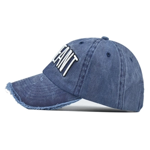 Vintage washed denim baseball cap with 3D ANT embroidery and distressed brim details