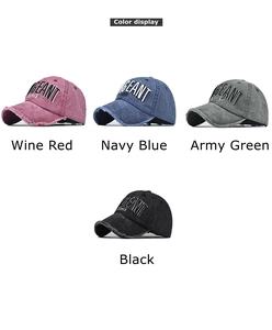 Detail showing vintage washed cotton baseball caps in burgundy, navy, green and black