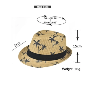 Detailed size specifications for the palm tree pattern fedora hat with dimensions and weight