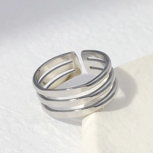 Three-layer titanium steel open ring with a polished silver finish for women