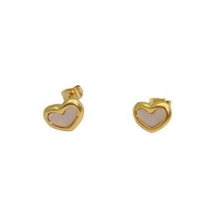 Elegant gold heart stud earrings with white shell inlay on a clean white background