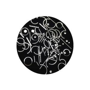 Silver metal nail art charms featuring circular, bar, and curved shapes on black background