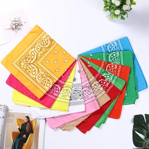 Colorful paisley polyester bandanas displayed in various vibrant shades and hip-hop style