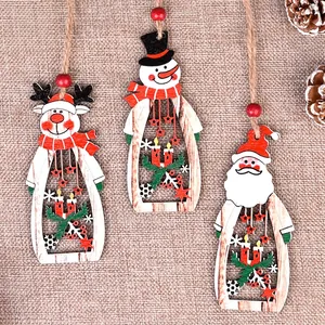 Christmas Wooden Hanging Ornaments Hollow Carved Santa Snowman Reindeer Twine Decorative Pendants Festive Home Tree Decor