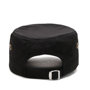 Rear view of black cotton cadet cap featuring adjustable metal buckle and breathable eyelets