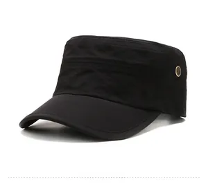 Side view of black cadet cap featuring metal eyelets and a shield-shaped decorative badge