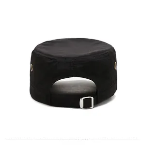 Rear view of black cadet cap featuring adjustable silver buckle and metal air vents