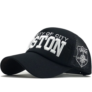 Black mesh trucker hat with 3D Boston embroidery and breathable back paneling