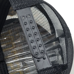 Detail of adjustable double-row plastic snapback closure on black mesh trucker cap
