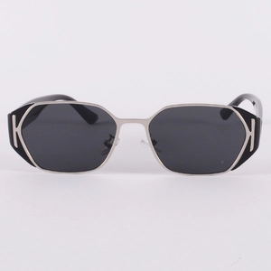 Silver full-frame hexagonal sunglasses with black lenses and metal accents