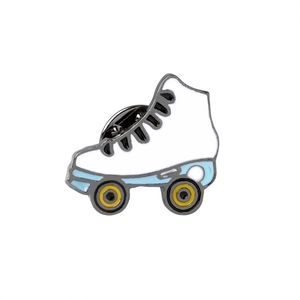 Retro roller skate enamel brooch with blue and white colors and butterfly pin back