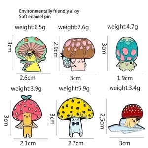 Set of six creative mushroom enamel pins featuring cute cartoon characters for backpacks