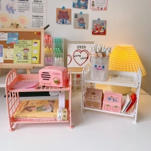 Mini scaffale da scrivania kawaii a doppio strato in plastica rosa e bianco