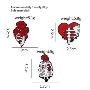 Creative alloy skeleton hand and floral heart ribcage enamel pin badges for fashion