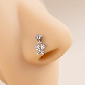 Silver stainless steel butterfly nose stud with clear zircon stones on a model
