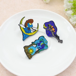 Creative enamel brooch set featuring a crescent moon lady, astronaut, and starry hourglass