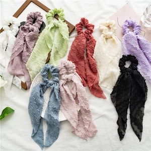 Long Ribbon Scrunchie For Women Textured Chiffon Fabric Elastic Hair Tie Bow Knot Ponytail Holder Fashion Headwear