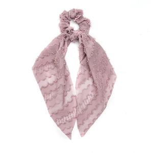 Pink purple chiffon ribbon scrunchie with wave texture and fringe design for women