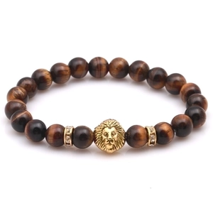 Tiger eye stone beaded bracelet with golden lion head and crystal spacers for men