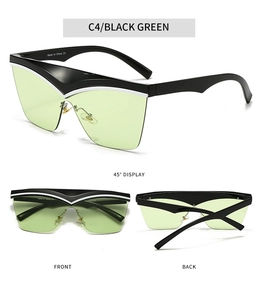 Detailansicht der schwarzen Cateye-Sonnenbrille mit grünen Gläsern und Streifen