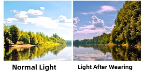 Polarized lens effect comparison showing normal light versus enhanced vision with sunglasses