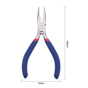 Detailed view of 125mm blue and red needle-nose jewelry pliers with scale measurements