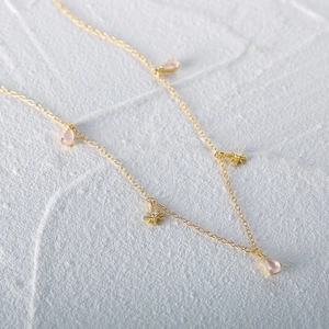 S925 silver gold necklace with pink teardrop charms and sparkling zircon stars