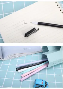 Close-up of cute cat-themed gel pens with 0.5mm needle tips in various macaron colors