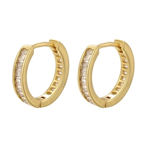 Gold hoop earrings featuring rectangular cubic zirconia stones in a minimalist design
