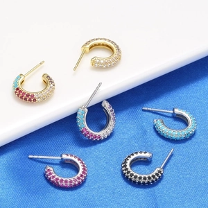 Minimalist C Shaped Hoop Earrings With Pave Zircon Brass Geometric Tiny Ear Studs For Women Silver Earring Post