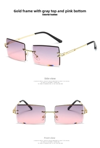 Detail view of rimless rectangular sunglasses with purple pink gradient lenses and gold frame