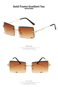 Detail view of gold metal temples and brown gradient lenses on rimless sunglasses