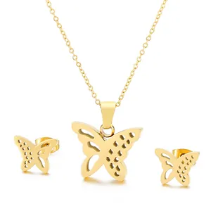 Hollow Out Butterfly Necklace And Earrings Stainless Steel Gold Silver Tone Fashion Trendy Minimalist Jewelry For Women