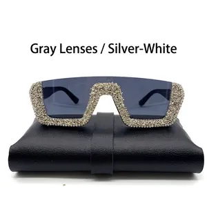 Women's oversized semi-rimless sunglasses with silver rhinestones and grey blue lenses
