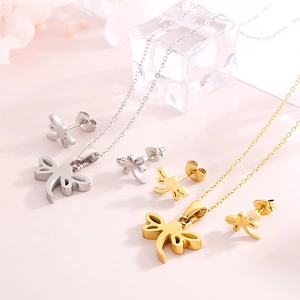 Dragonfly Pendant Necklace And Stud Earrings Stainless Steel Animal Jewelry For Women Fashion Trendy Simple Accessories