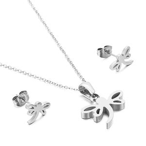 Silver metal dragonfly jewelry set with necklace and stud earrings on white background