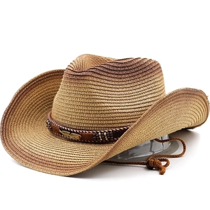 Cappello da cowboy in paglia intrecciata retrò con fascia in pelle e cinturino regolabile