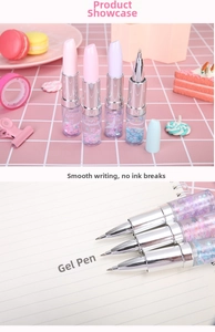 Close-up of lipstick-shaped gel pens with shimmering glitter sequins and macaron caps