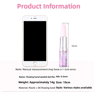 Detailed specs of pink lipstick gel pen with 0.5mm tip shown next to a smartphone