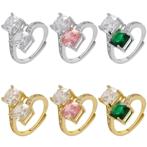 Fashion Copper Square Rhinestone Open Ring For Women Trendy Double Stone Adjustable Finger Ring Gold Silver Rhinestone Jewelry