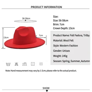 Red wool felt jazz fedora hat with 7cm brim and 56-58cm circumference for men and women