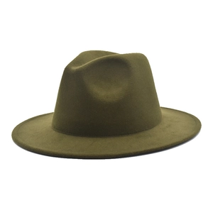 Close-up of olive green wool fedora hat with classic pinched crown and wide brim