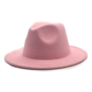 Top view of pink wool felt fedora hat with classic teardrop crown and wide brim