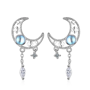 Copper Platinum Plated Hollow Moon Tassel Dangle Earrings Silver Earring Post Synthetic Moonstone Cubic Zirconia Jewelry