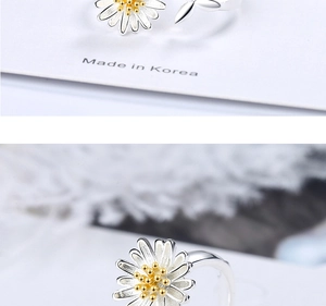 Detail van verstelbare zilveren madeliefjes ring met goud hart op een displaykaart