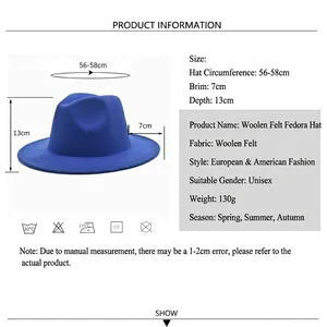 Blue felt fedora hat with wide brim showing detailed dimensions and product specifications