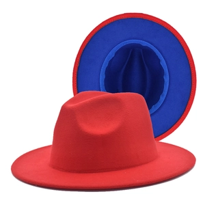 Classic wide brim felt fedora hat in solid red and dual-tone red with blue interior